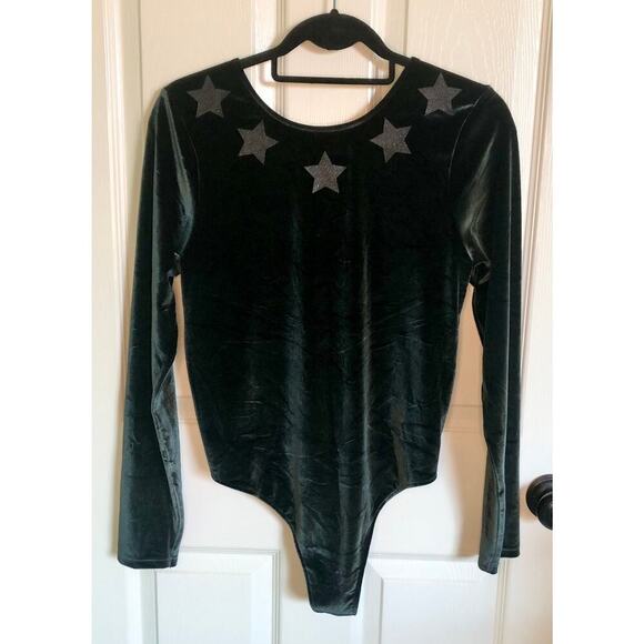 Victoria's Secret Sport Size Large Green Velvet Thong Bodysuit Glitter Stars - Picture 2 of 7